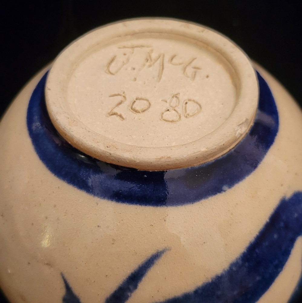 Pottery Ginger Jar with lid. Salt-glaze gray and blue Asian design. - Picture 4 of 7